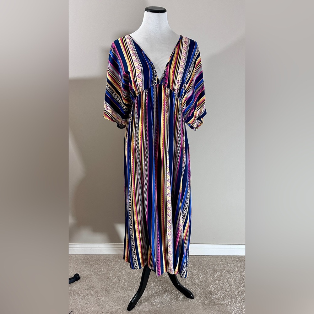 Never Worn, Like New! Blue and Orange V-Neck Raglan Maxi Dress- LARGE